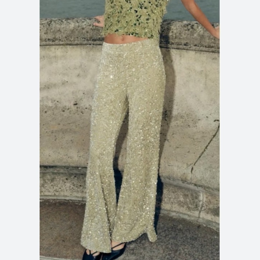 Zara Sage Green Sequin Wide-Leg Pants